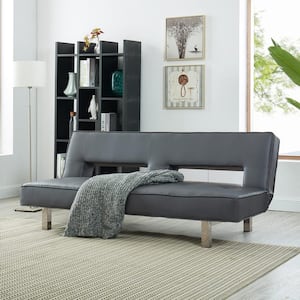 Gray Futon Sofa Bed Faux Leather Futon Couch Modern Convertible Folding Sofa Bed Couch with Chrome Legs Reclining Couch