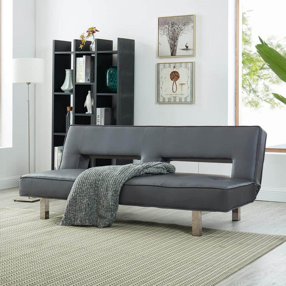 MAYKOOSH 66.1 In. W. Armless Faux Leather Rectangle Futon Sofa, Gray ...