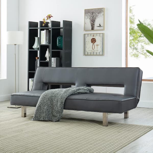 HOMESTOCK Gray Futon Sofa Bed Faux Leather Futon Couch Modern Convertible Folding Sofa Bed Couch with Chrome Legs Reclining Couch