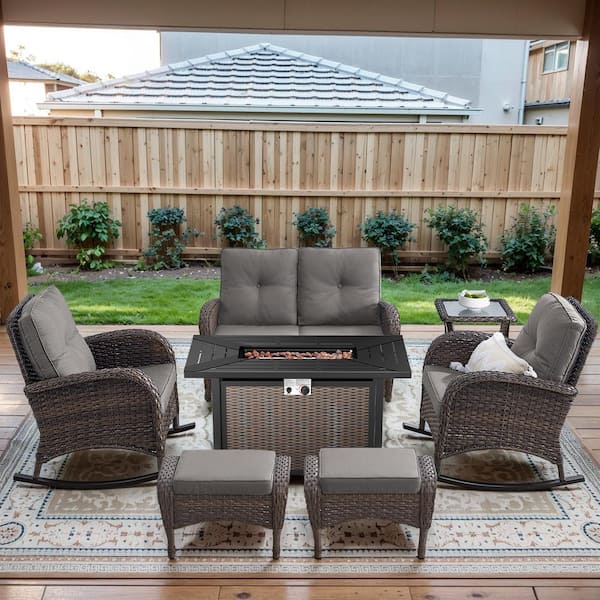 Brown 7-Piece Wicker Patio Fire Pit Set, Outdoor Glider Seating Set with Olefin Gray Cushions and Rocking Chairs