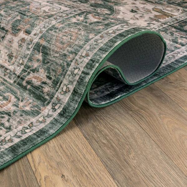 Vintage Medallion Sage Green Machine Washable Non-Slip Backing 2 ft. x 4 ft. Green Area Rug