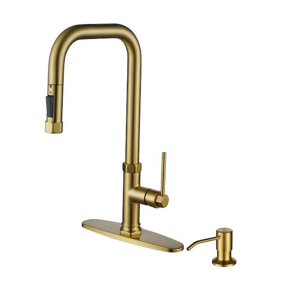 Brass Single Handle Pull Down Sprayer Kitchen Faucet with 2-Mode Advanced Spray and Soap Dispenser in Gold