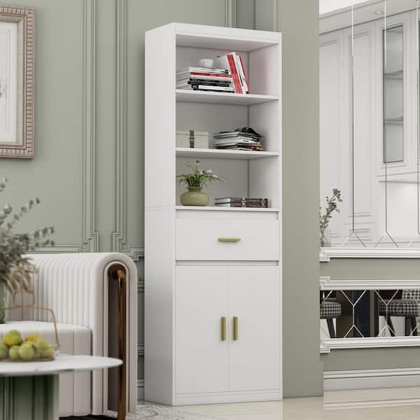 FUFU&GAGA 70.8 in. H 2-Door White Wood Storage Accent Cabinet Display Cabinet with Drawer and 3 Tier Open Shelves