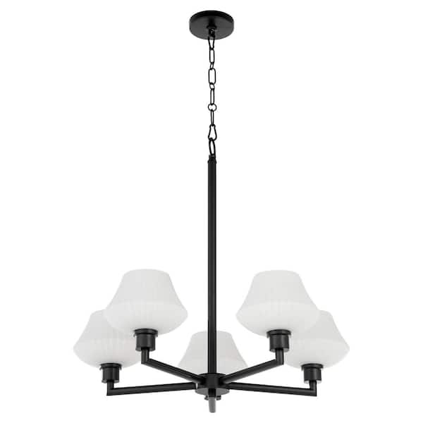 quorum Cassini 60-Watt 5 Light Matte Black Chandelier Light with Satin Opal Glass Shade, No Light Bulb Included
