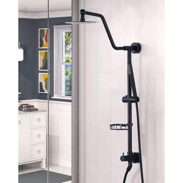 1-Spray Multifunction Round Wall Bar Shower Kit with Swivel Shower Head, Hand Shower and Soap Caddy in Matte Black