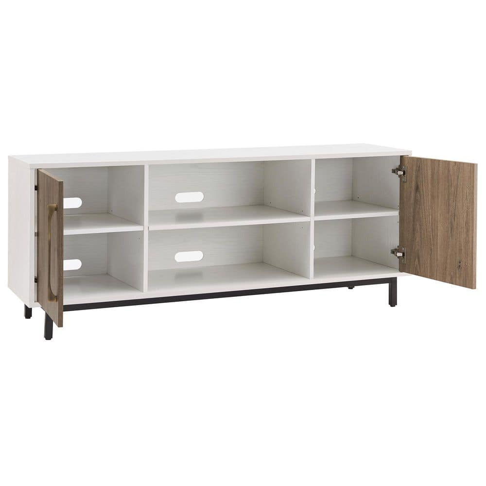 Julian Mid-Century Modern TV Stand in White & Antiqued Gray Oak with Brass Handles