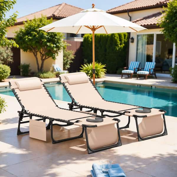 2-Pieces Metal Folding Outdoor Chaise Lounge with Face Hole, 5-Position Reclining Portable Patio Chair, Beige