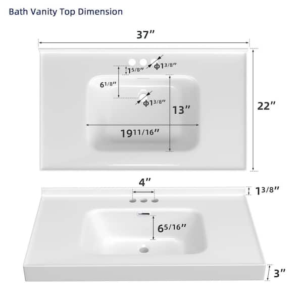 37 in. D x 22 in. W Solid Surface White Rectangular Single Sink Bathroom Vanity Top in White with 1.38 in. H Backsplash