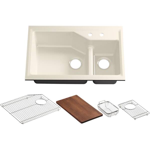 KOHLER Indio Smart Divide Undermount Cast-Iron 33 in. 2-Hole Double Bowl Kitchen Sink Kit in Almond