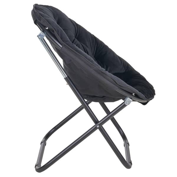 VECELO Folding Moon Chair with Faux Fur Seat, Black Saucer Chair