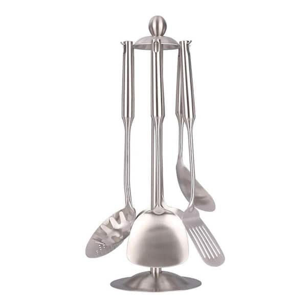 7-Piece Matte Brushed 18/10 Stainless Steel Cooking Utensils Set with Rotating Holder & Kitchen Tools