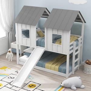White Twin Bunk Bed with Slide and Windows