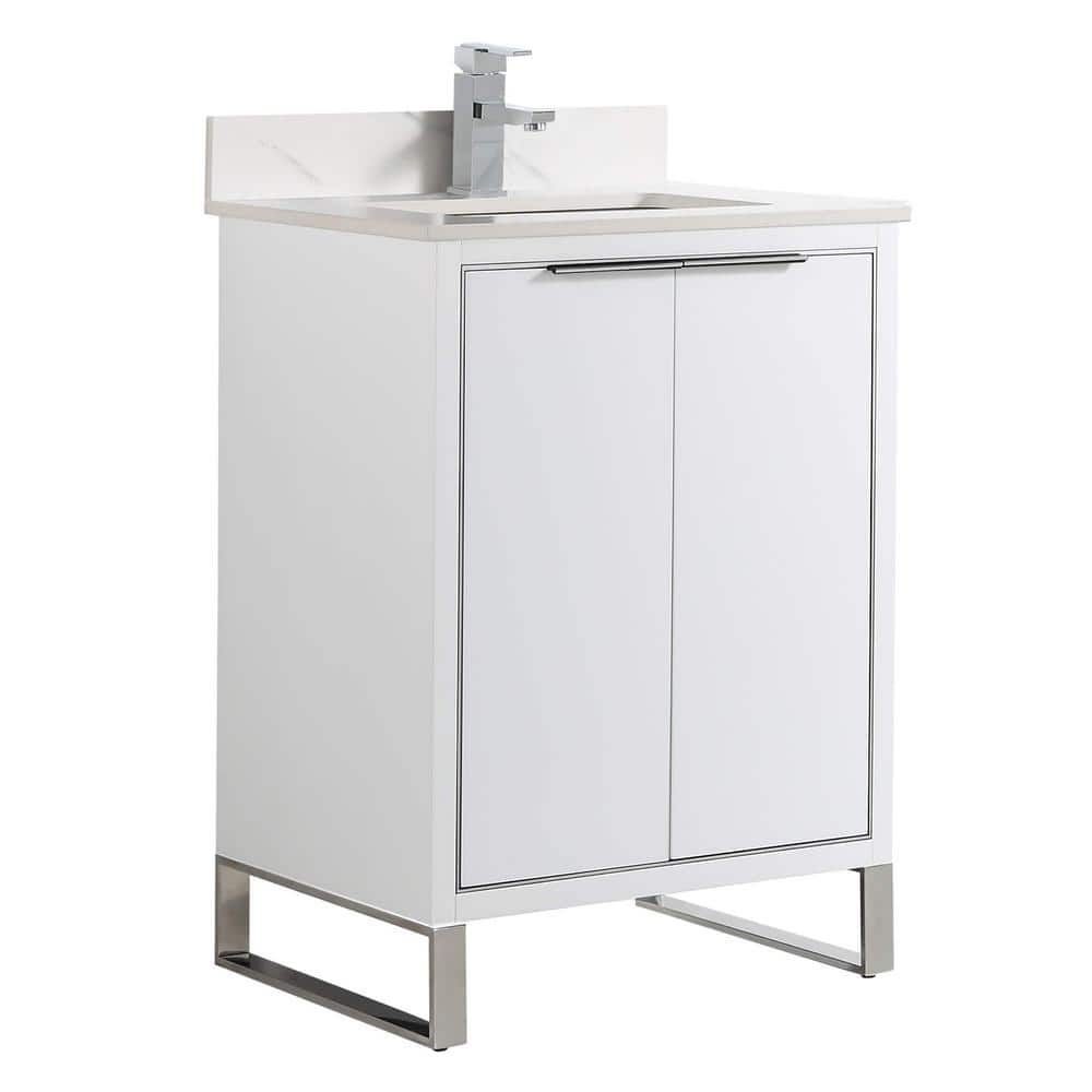 24" White Matte Plywood Bathroom Vanity with Chrome Hardware