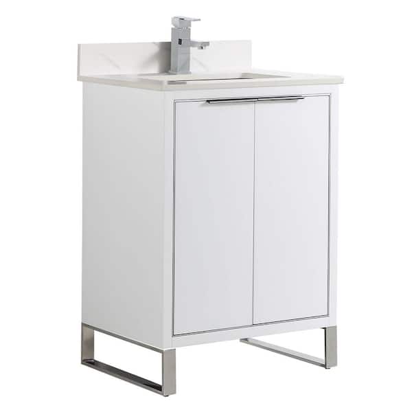 FINE FIXTURES Opulence 24 in. W x 18 in. D x 33.5 in H. Bath Vanity in White Matte with White Carrara Single Sink Stone Top