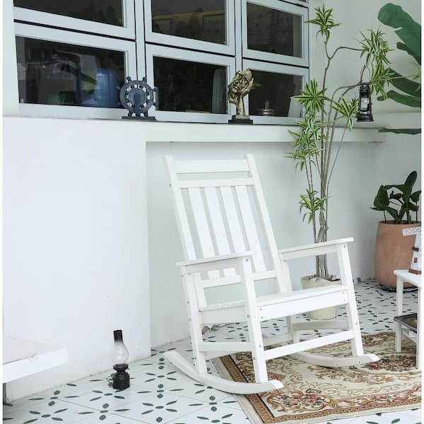 White Wood Outdoor Rocking Chair All Weather Resistant Porch Rocker for ...