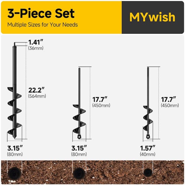 Long Reach High-Carbon Steel Garden Earth Auger Drill Bit Set for Planting, 3/8 in. Hex Drive (3-Piece)