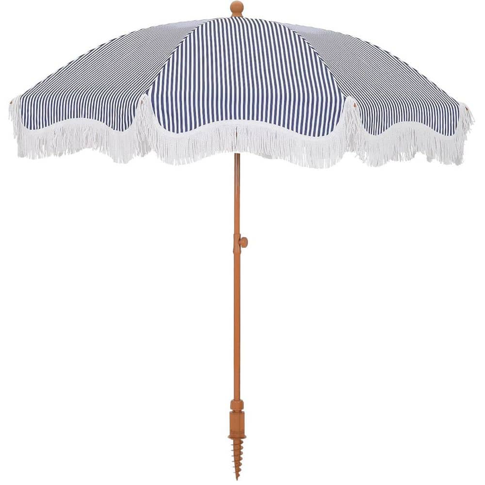 7 ft. Metal Tilt Beach Umbrella in Navy Blue Stripe with Fringe