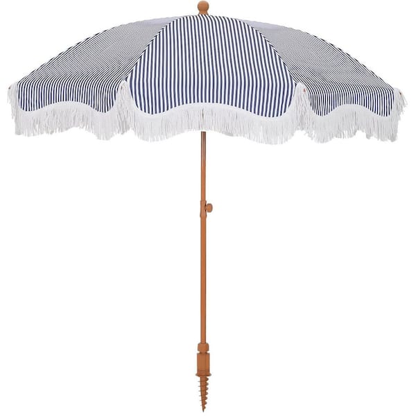 Unbranded 7 ft. Metal Tilt Beach Umbrella in Navy Blue Stripe with Fringe