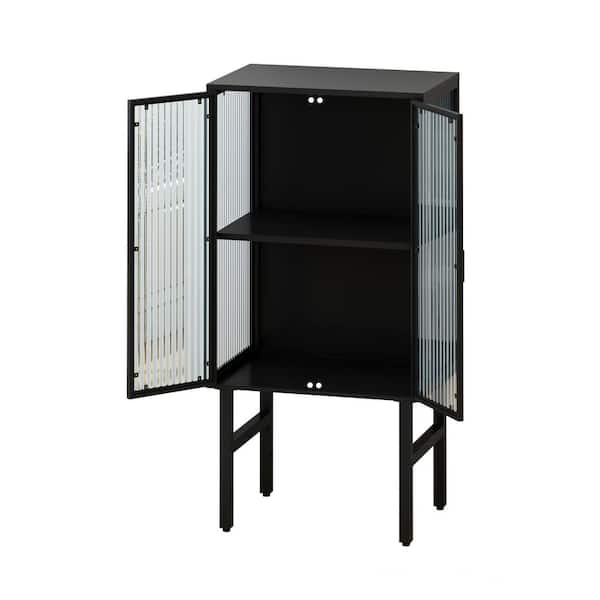 Black Pantry Organizer with Two Glass Door, Two-Tier Storage Cabinet