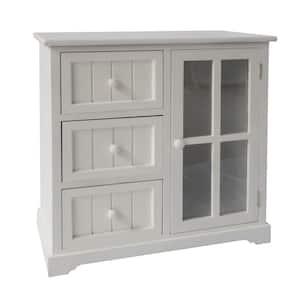 White 3-Drawer Wooden Accent Cabinet with Glass Door and Round Knobs