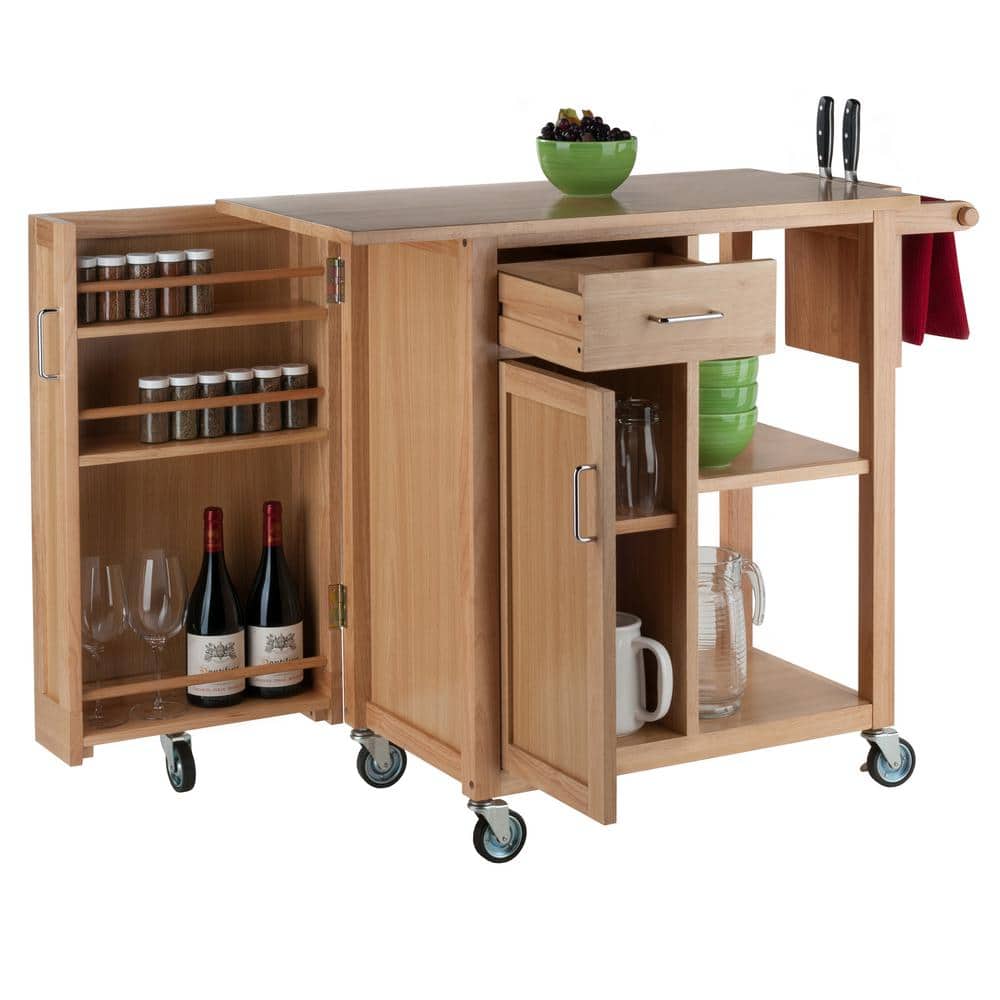 Natural Wood Kitchen Cart with Wine Rack and Storage
