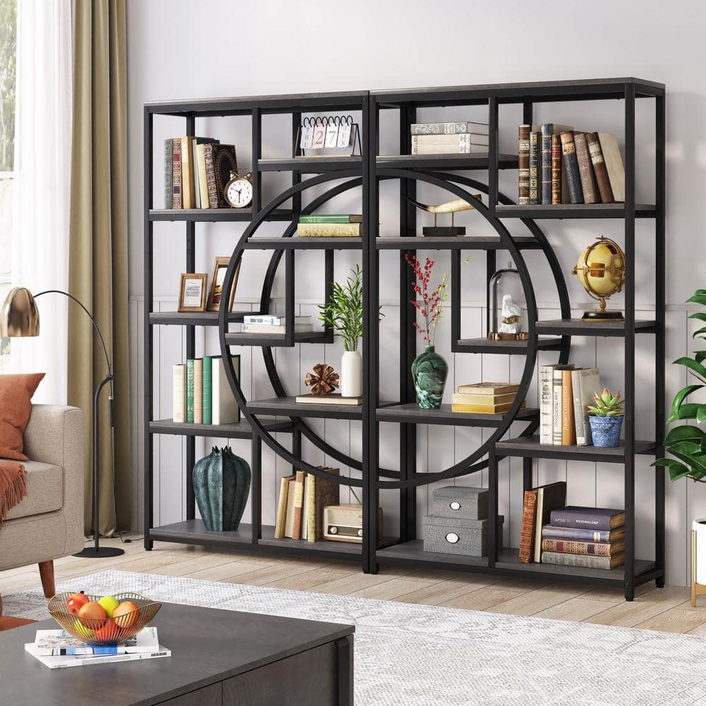 BYBLIGHT Eulas 68.89 in. Tall Gray and Black Wood 9-Shelf Bookcase ...