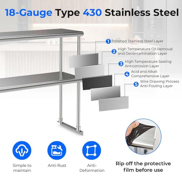 Stainless Work Table, With Wide Double Tier Overshelf Kitchen Storage Rack For Kitchen Prep & Work Table Strong Bearing Capacity Detachable Easy To