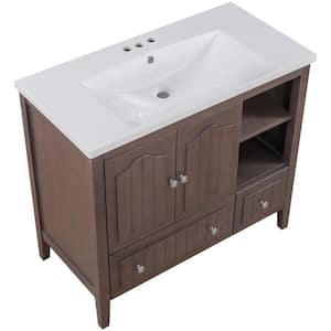 36 in. W x 18.03 in. D x 32.13 in. H Single Sink Freestanding Bath Vanity in Brown with White Ceramic Top
