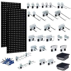 (2) 18 in. W x 36 in. H Black Steel Square Hole Pegboards with 30-piece LocHook Assortment and Hanging Bin System