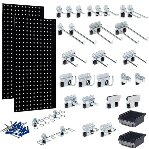Triton Products (2) 18 in. W x 36 in. H Black Steel Square Hole Pegboards with 30-piece LocHook Assortment and Hanging Bin System