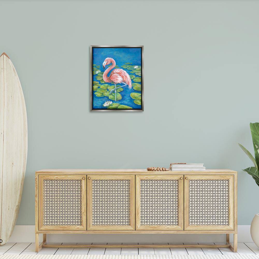 Balancing Flamingo & Lily Pads by Diane Kater Gray Floater Frame Animal Graphic Art Print 31 in. x 25 in. price history on PriceWatchPro
