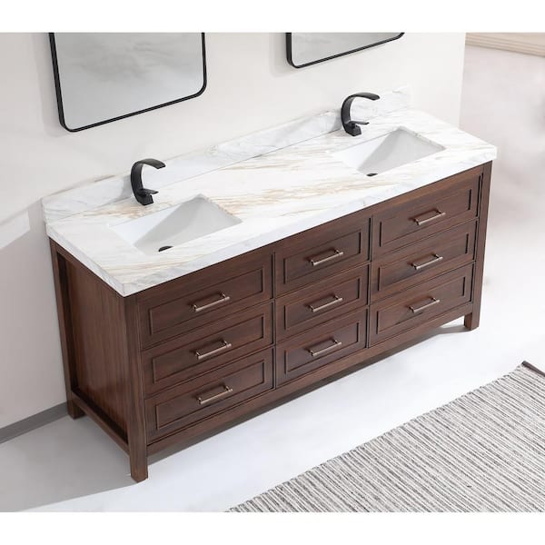 Luxury Ebony Series 72 in. 1 Freestanding Dark Brown Finish Bath Vanity with 2 in. White Natural Marble Top Assembled