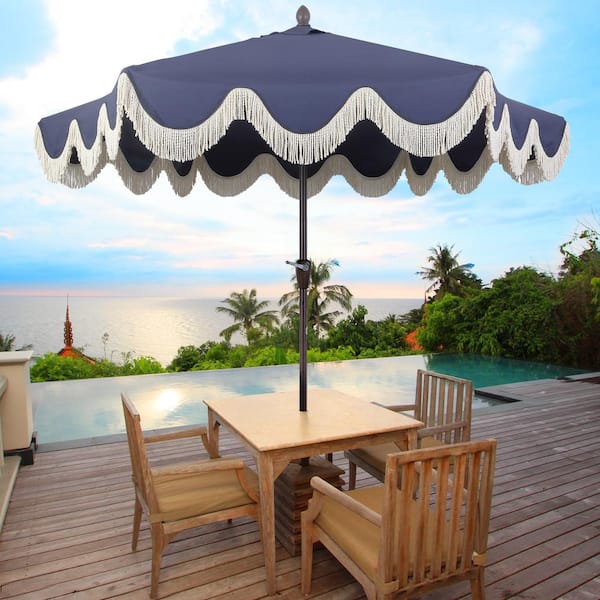 Collins 9 ft. Cottage Tassel Market Patio Umbrella with Auto-Tilt, Crank, Wind Vent and UV Protection in Navy/Cream