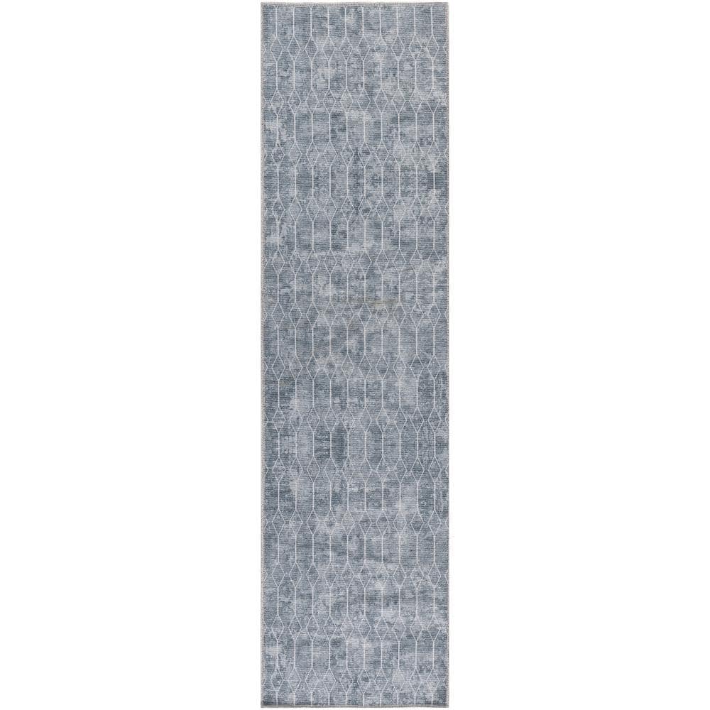 Machine Washable Series 1 Blue Grey 2 ft. x 8 ft. Geometric Contemporary Ru