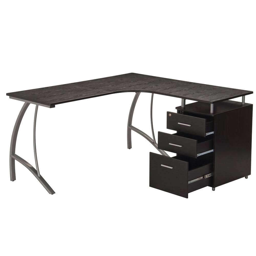 Espresso Wood L-Shaped Corner Desk with Drawer and Keyboard Tray