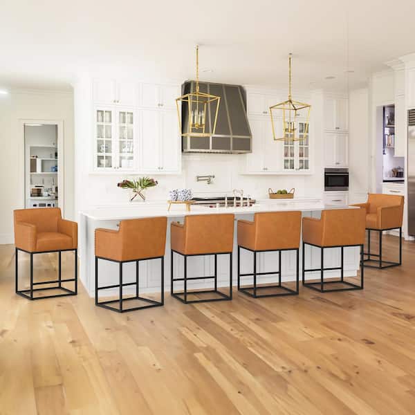LUE BONA Hampton 26 in. Whiskey Brown Modern Faux Leather Bar Stool Square Metal Frame Counter Height Bar Stool (Set of 6)