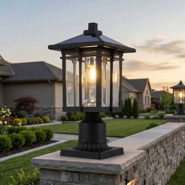 (1-Pack) 15.8 in. Dusk to Dawn Outdoor Waterproof Hardwired Aluminum Post Lights with Pier Mount Base, Black