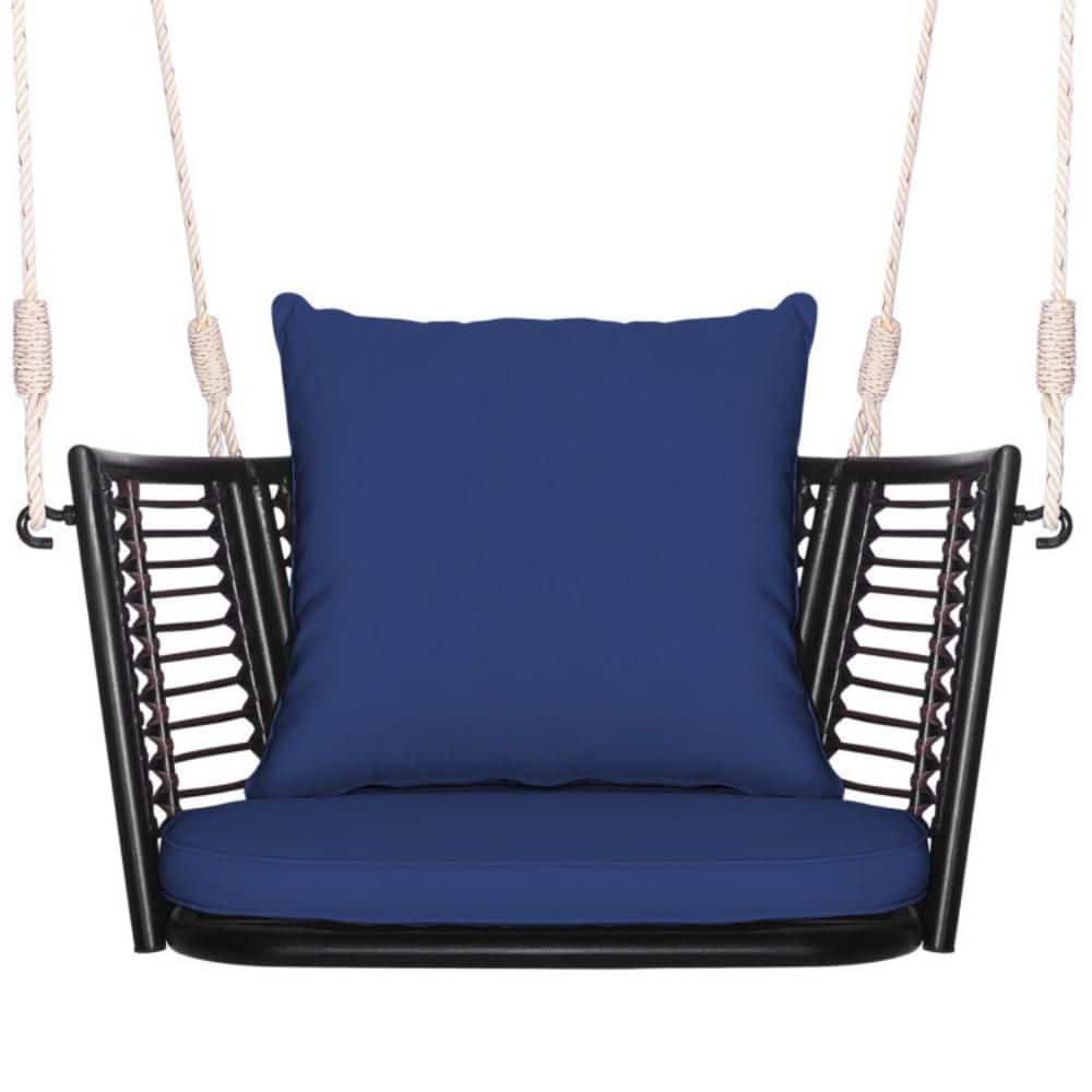 Mix Brown Rattan Hanging Chair with Blue Cushions