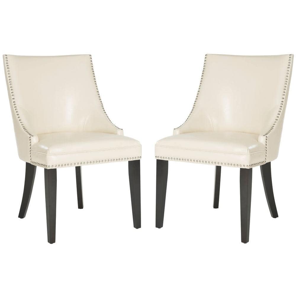 Flat Cream Leather Upholstered Parsons Side Chair with Nickel Trim