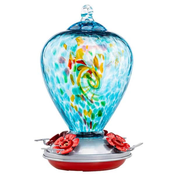 Unbranded Handmade Blue Chatoyant Glass Hanging Humming Bird Nectar Feeder-34 oz. with Ant Moat (1-Pack)