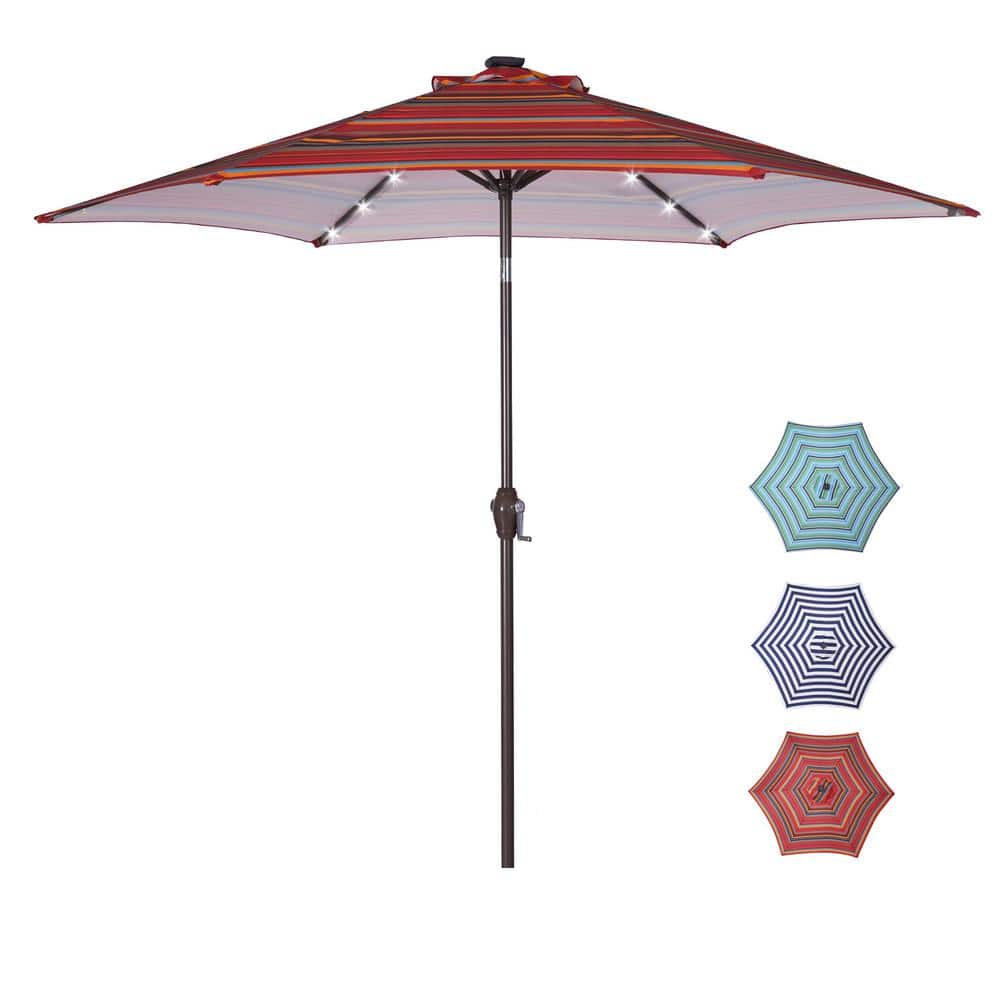8.7 ft. Market Solar Patio Umbrella in Red Stripes with 24 LED Lights, Push