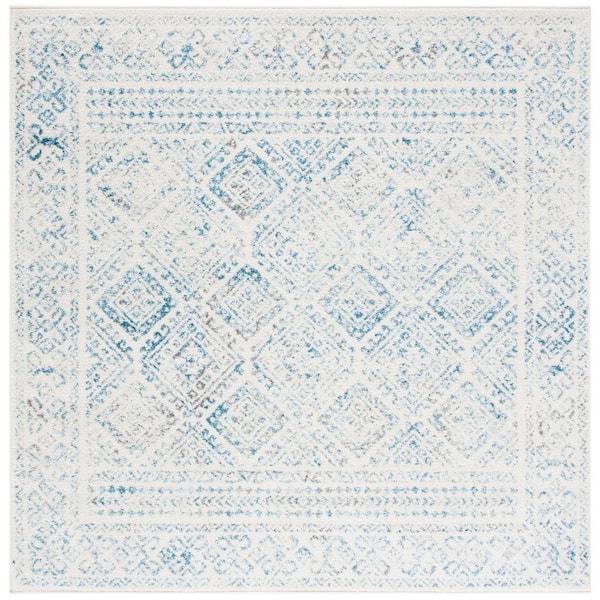 SAFAVIEH Tulum Ivory/Turquoise 7 ft. x 7 ft. Square Geometric Diamonds Border Area Rug