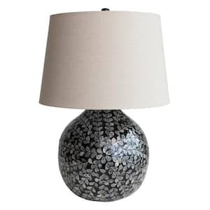 26.2 in. Black Capiz Sphere Table Lamp with Floral Design and Linen Shade