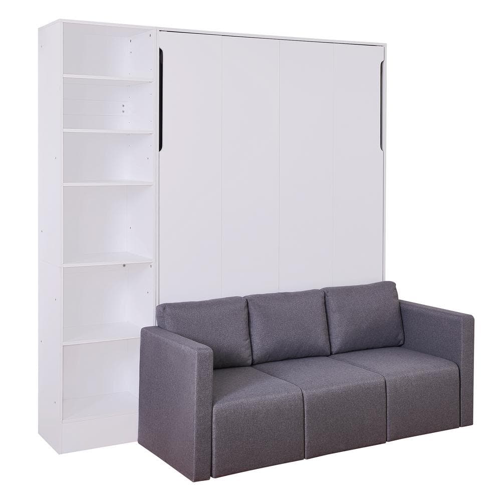 White Wood Frame Full Murphy Bed Wall Bed with Sofa and Storage Shelves - thumbnail 3