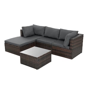 5-Piece Brown Wicker Patio Conversation Set with Dark Gray Cushions, Tempered Glass Coffee Table