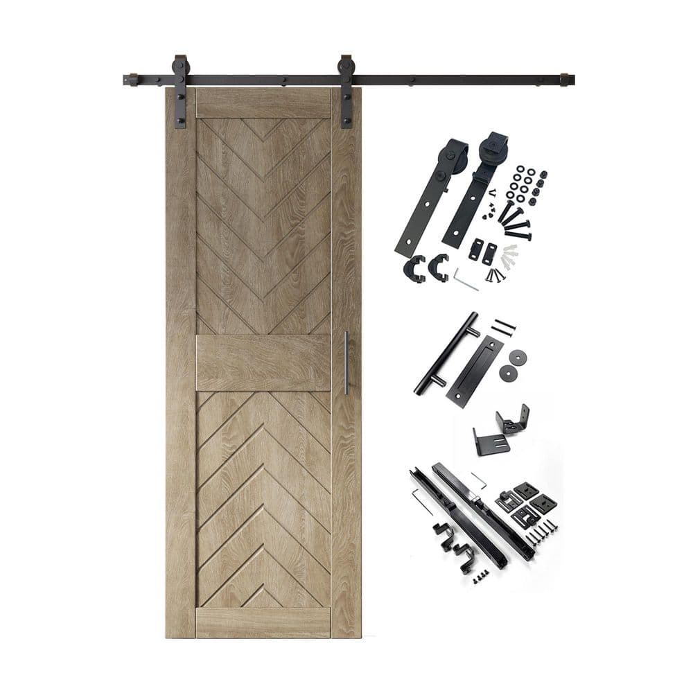 JT4 26 in. x 84 in. C-Panel Classic Gray Fishbone Design Solid Pine Wood Sliding Barn Door with Hardware Kit price history on PriceWatchPro