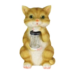 10 in. Tall Solar Cat with LED Firefly Jar Garden Statue
