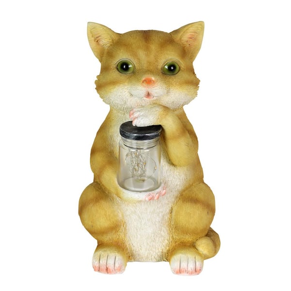 Exhart 10 in. Tall Solar Cat with LED Firefly Jar Garden Statue