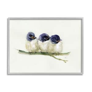 "Trio of Baby Swallows Birds Perched on Branch" by Verbrugge Watercolor Framed Animal Wall Art Print 11 in. x 14 in.