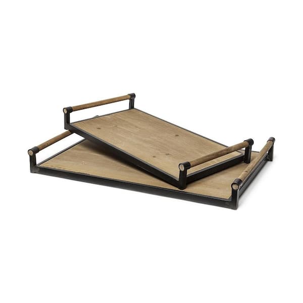 HomeRoots Brown Rectangle Wood 26 in. Decorative Serving Tray Set of 2